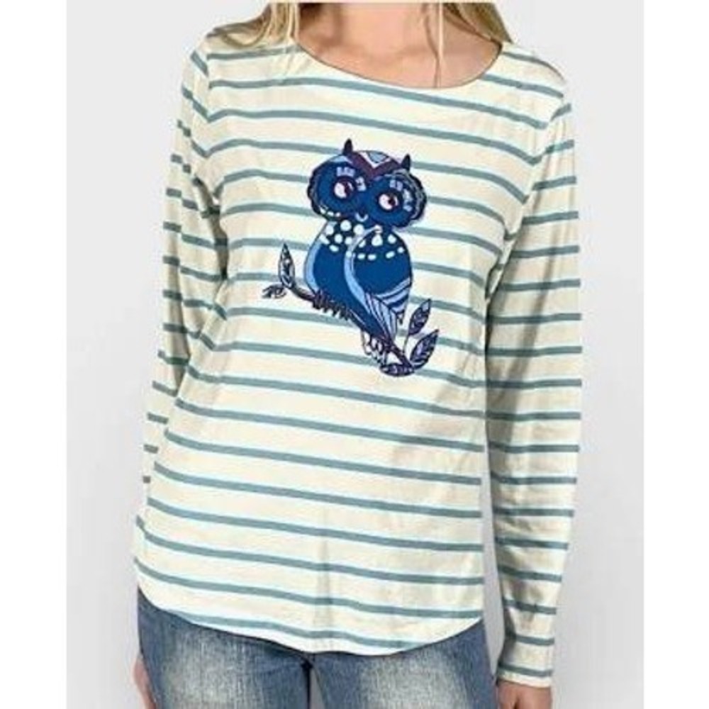 Talbots Owl Graphic Cotton Blend Striped Top Womens Small Petite
